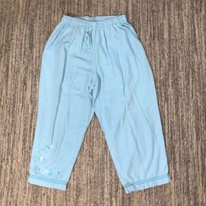 Erika Womens Small Linen Blend Capri Pants Blue Drawstring Waist Butterfly Theme